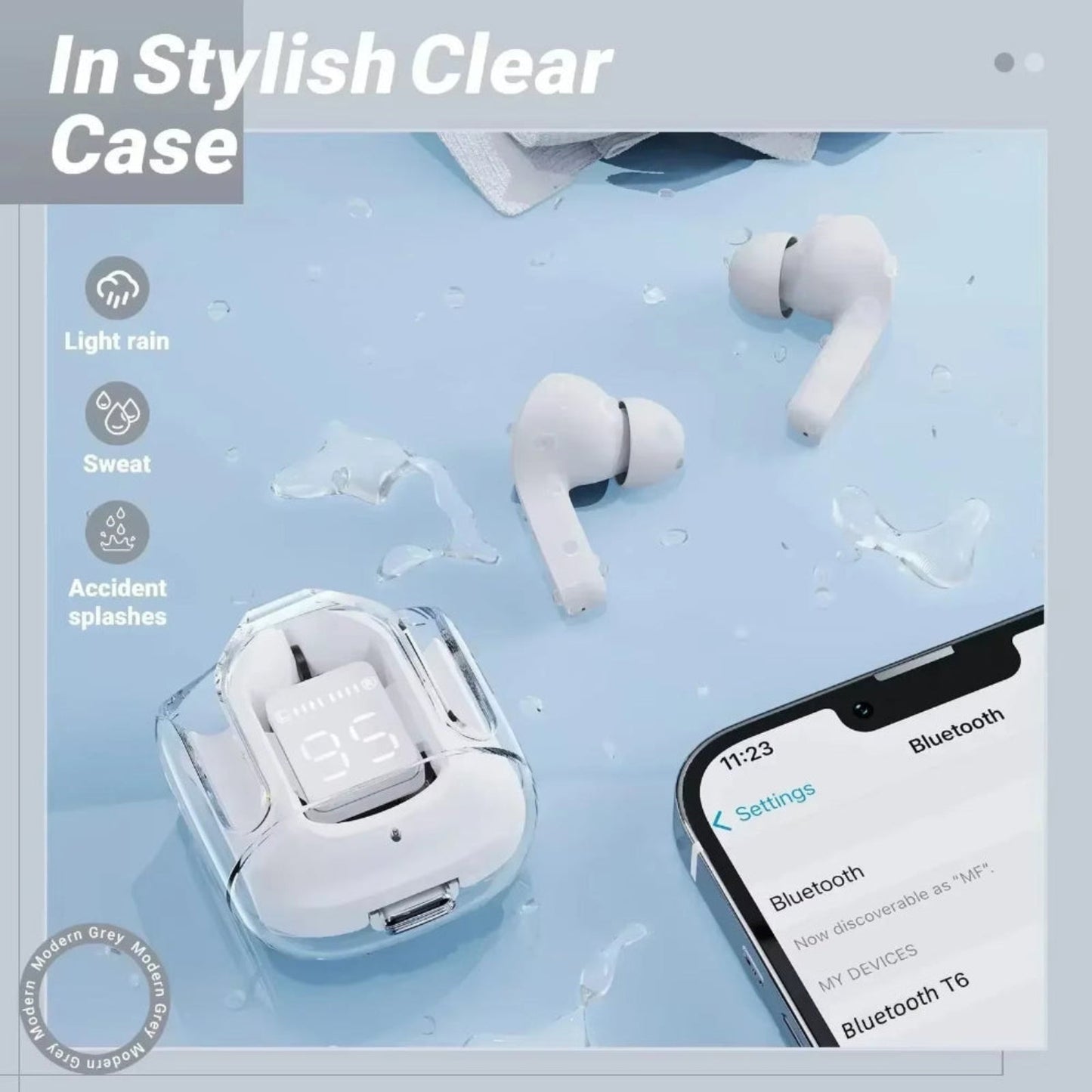 CrystalBeats BT30: Transparent TWS Bluetooth 5.3 Earbuds with Digital Display & Noise Canceling