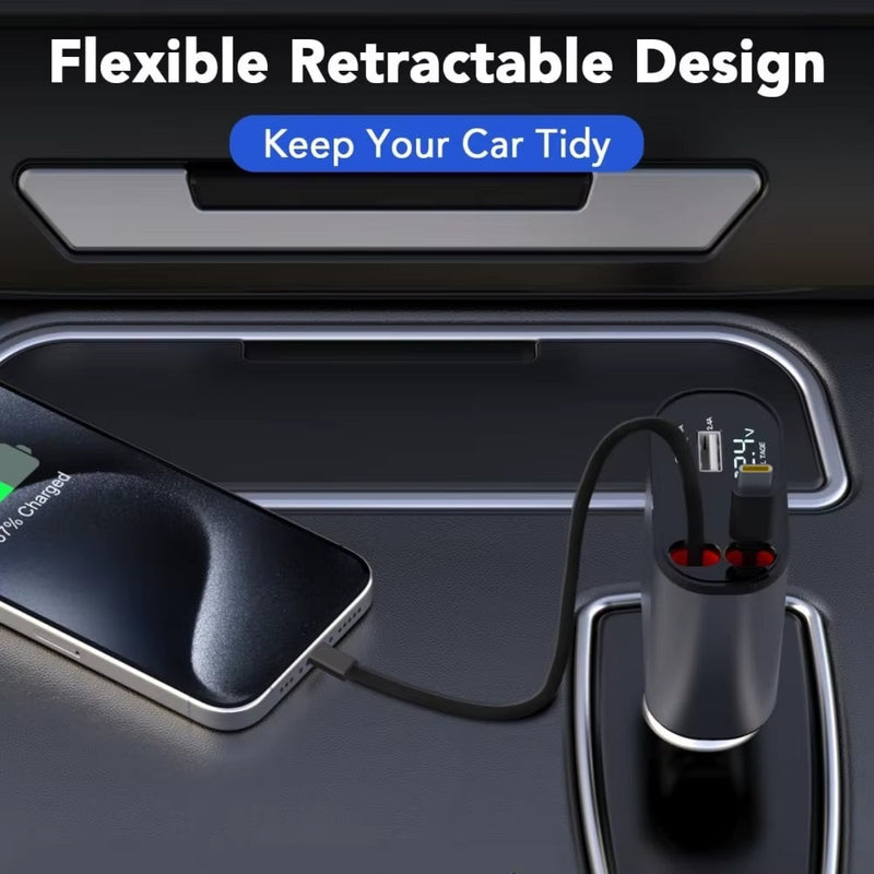VoltRush™ 4-in-1 Retractable Car Charger – Fast Power, Zero Clutter